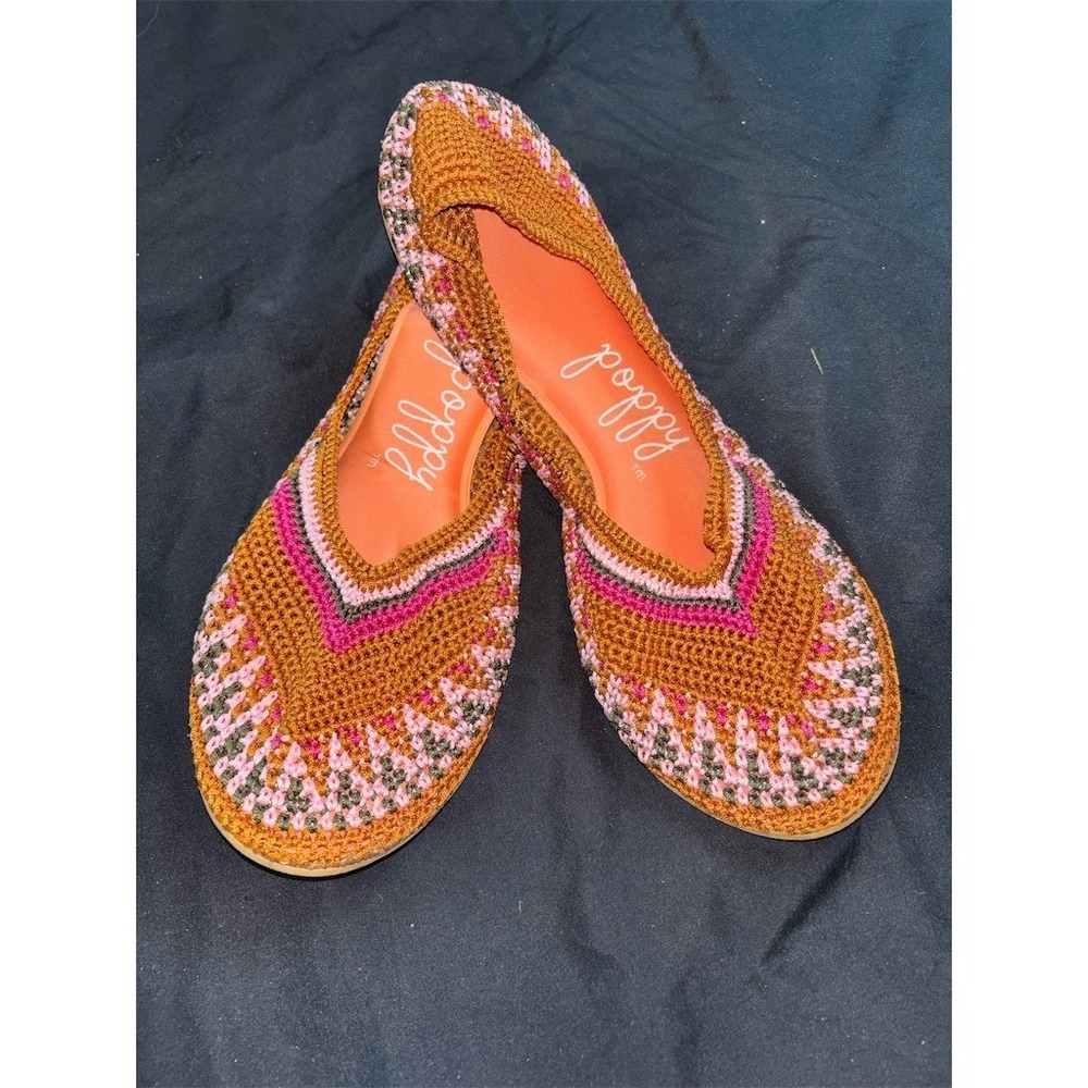Poppy Women Ballet Flats boho 10 Brown Colorblock Crochet Knit Slip On Round Toe